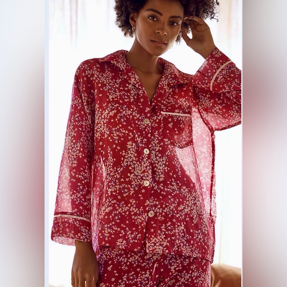 Anthropologie Papinelle Cheri Blossom Full Length Pajama Set Size L Silk Blend - Picture 14 of 16
